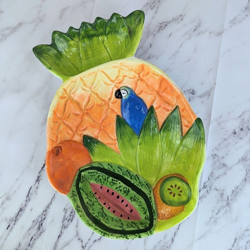 Vintage Pineapple Parrot Tropical Platter Large Cooks Club Island Punch Fruit